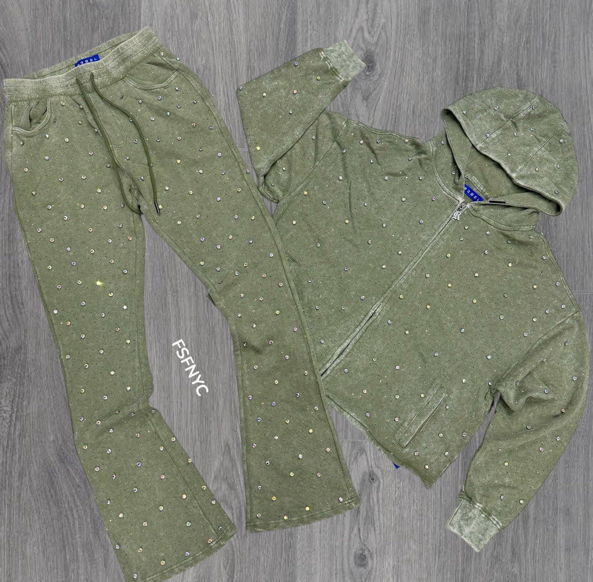 Stacked - Crystal zip Sweat Suit - Sage - 455 355