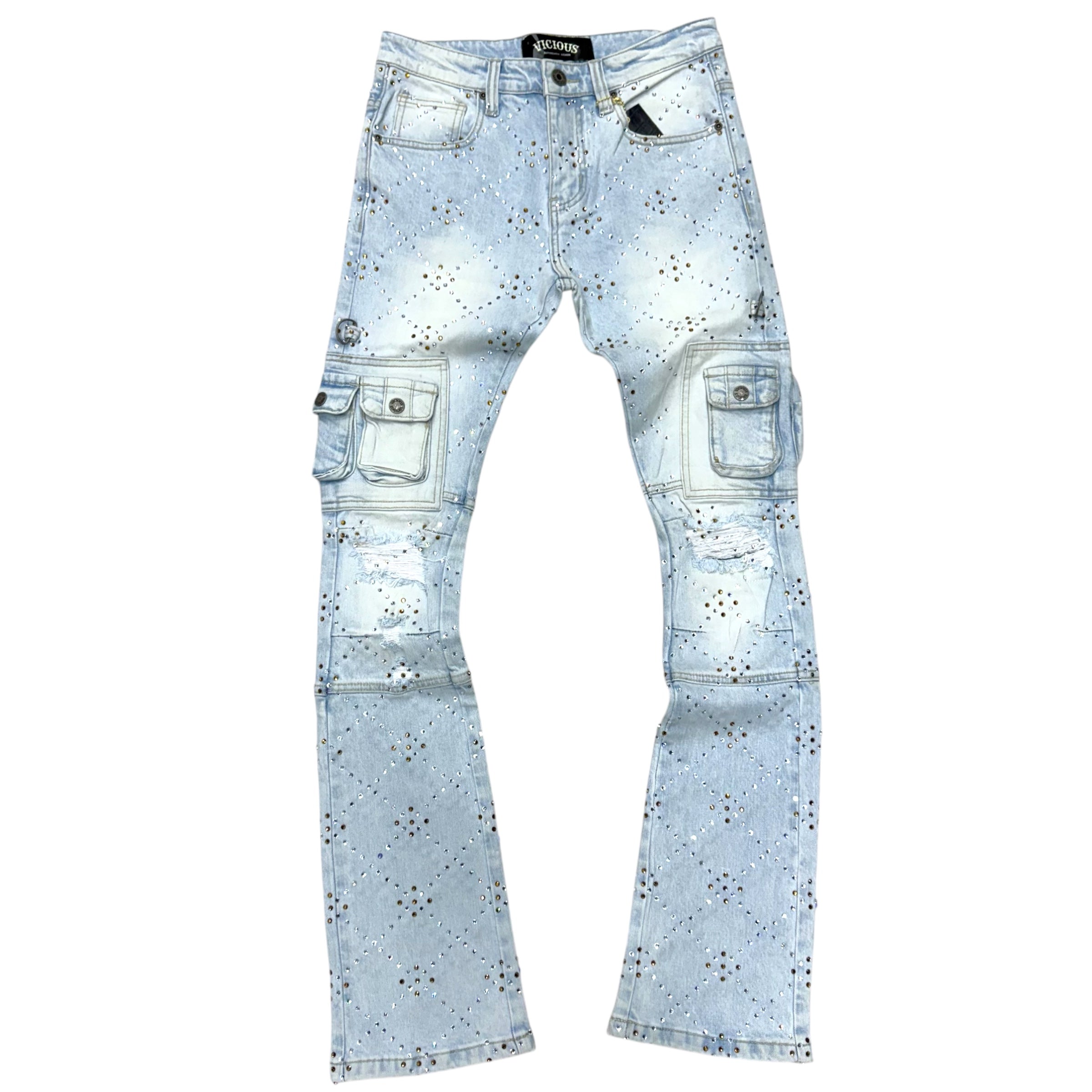 Vicious Stacked Rhinstone Utility Denim Blue VC755