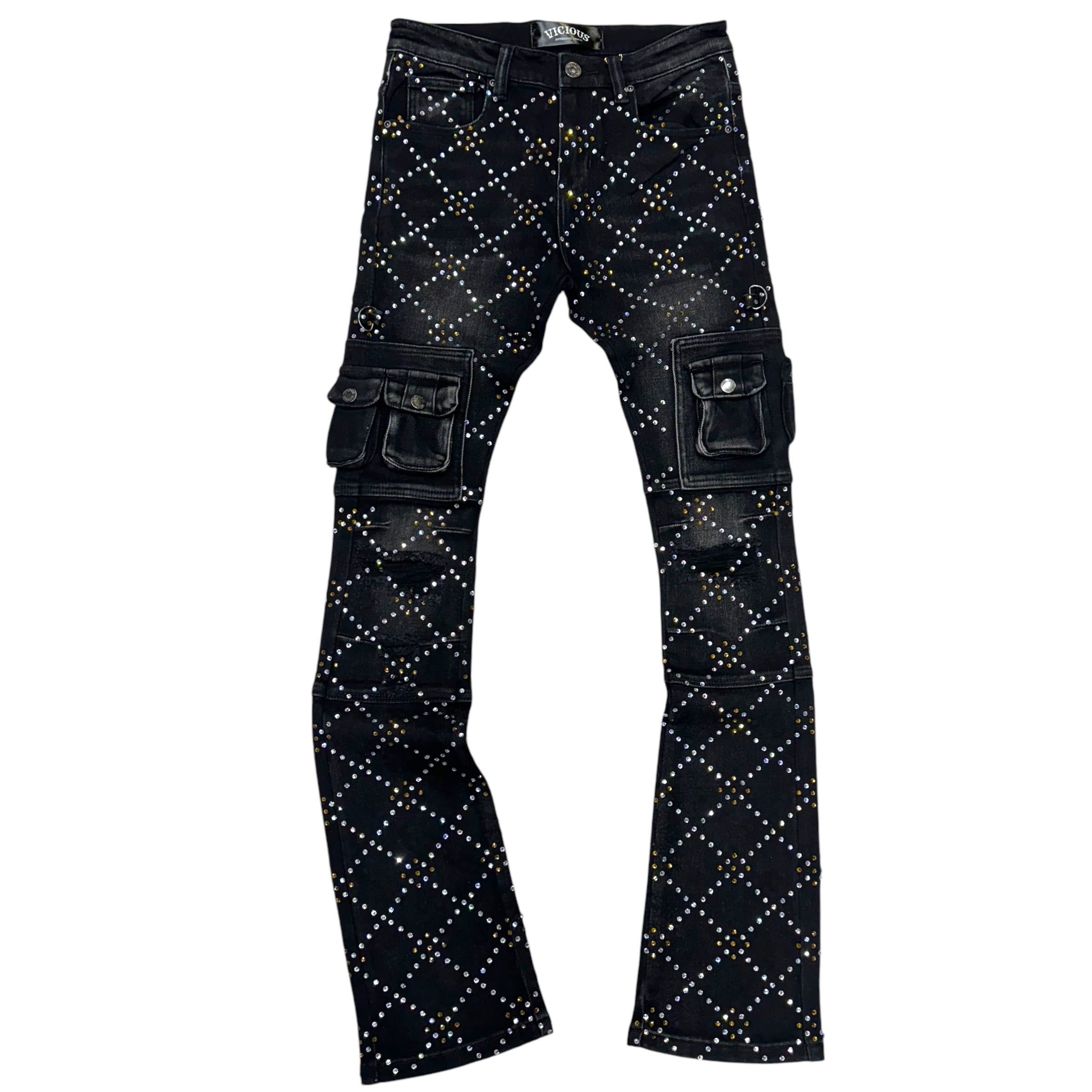 Vicious Stacked Rhinstone Utility Denim Black VC