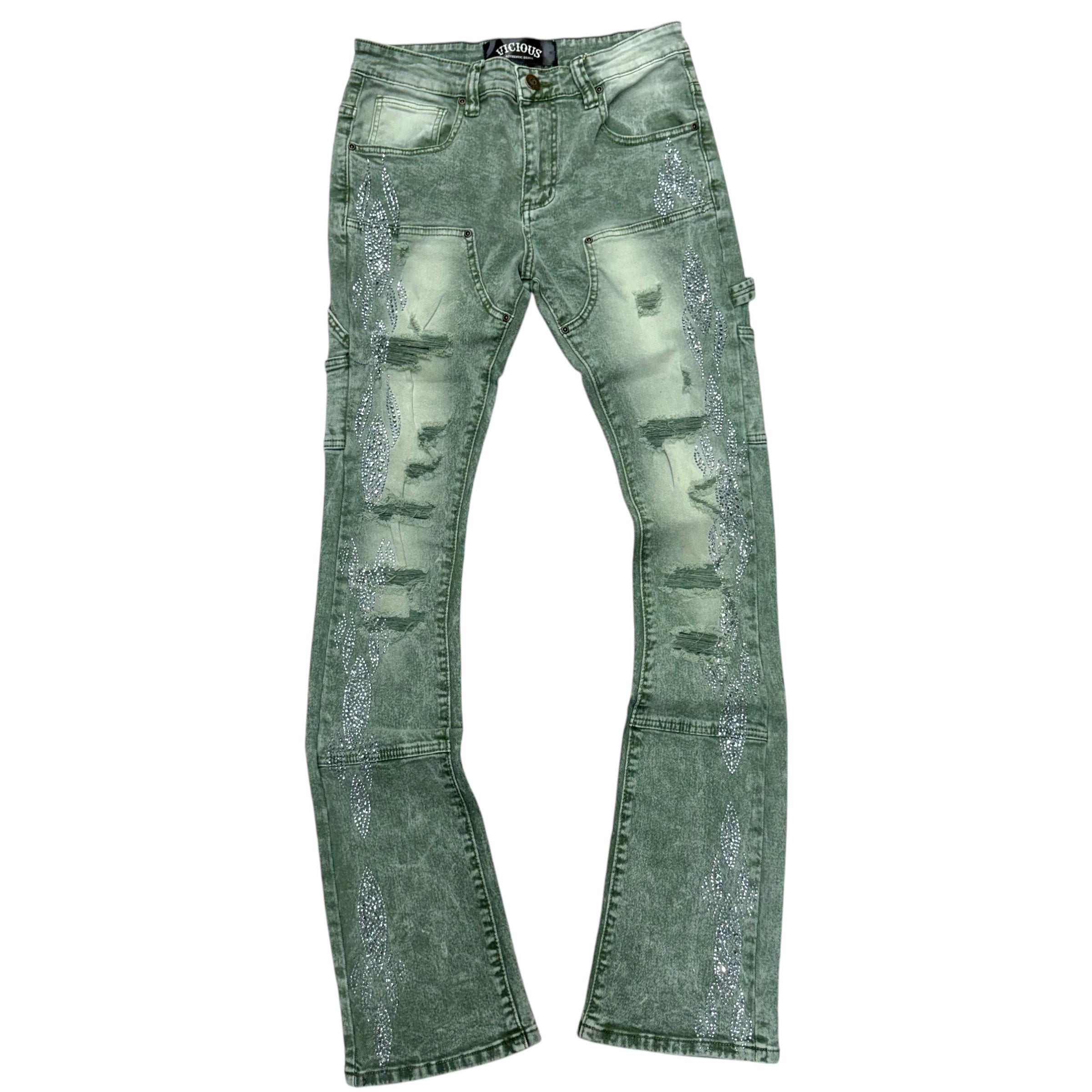 Vicious Stacked Carpenter Rhinstone Denim Green VC654