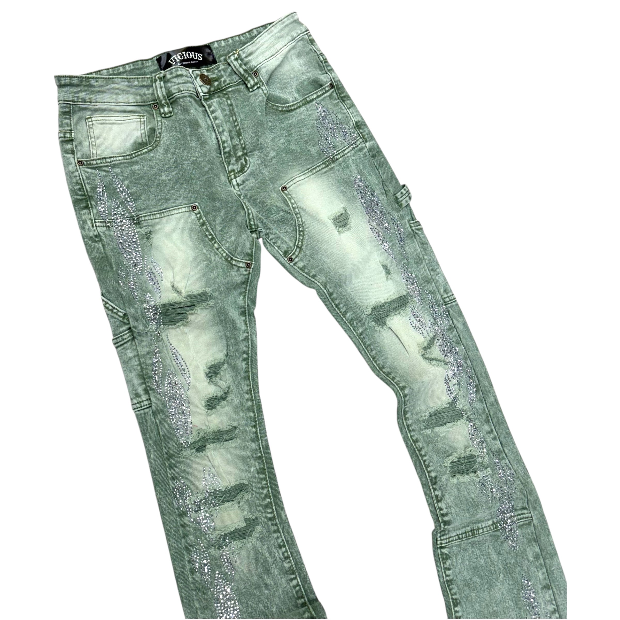 Vicious Stacked Carpenter Rhinstone Denim Green VC654