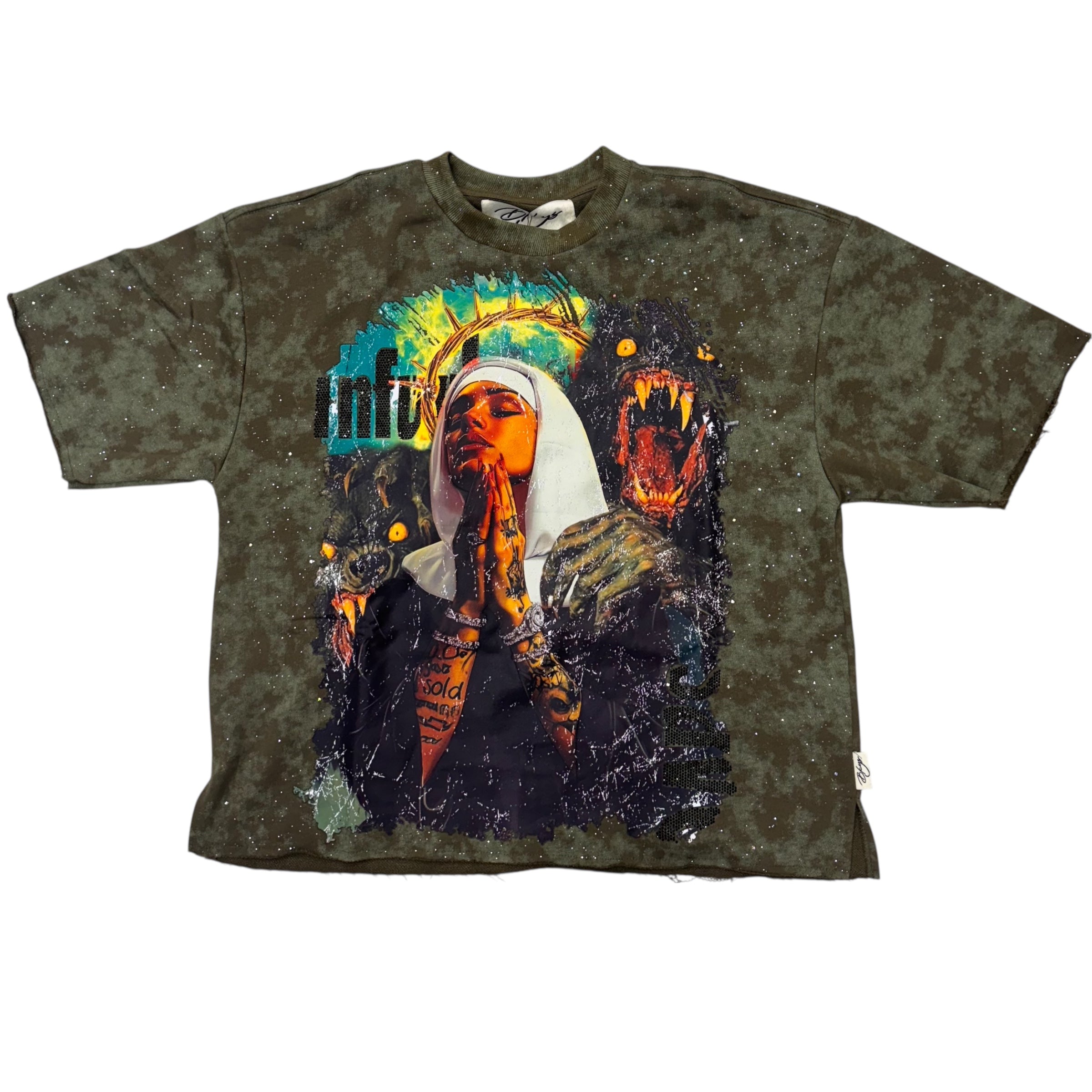 BKYS Rhinestone Prayer Olive T-Shirt 1333
