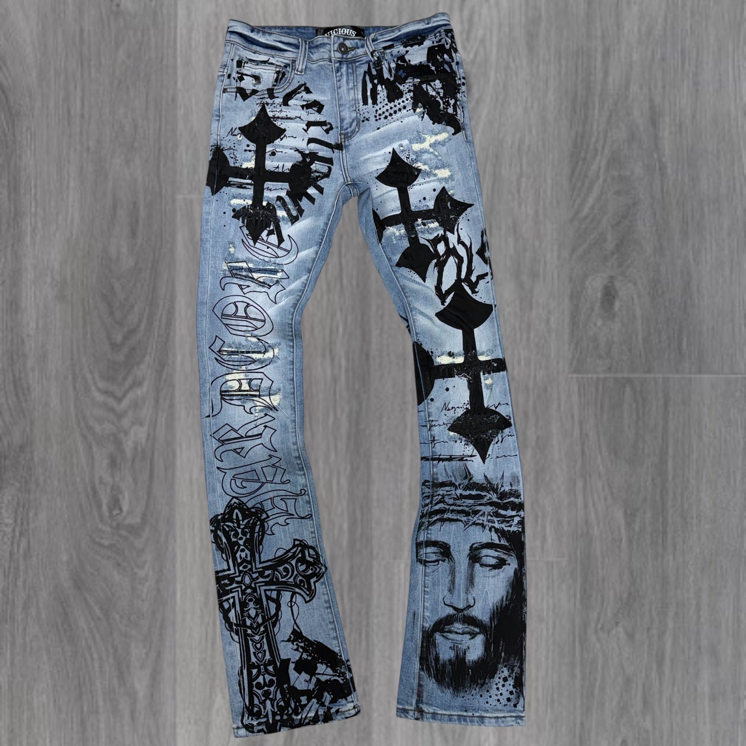Vicious -  Artwork all over Flare Denim   - lt. blue - Vc1135