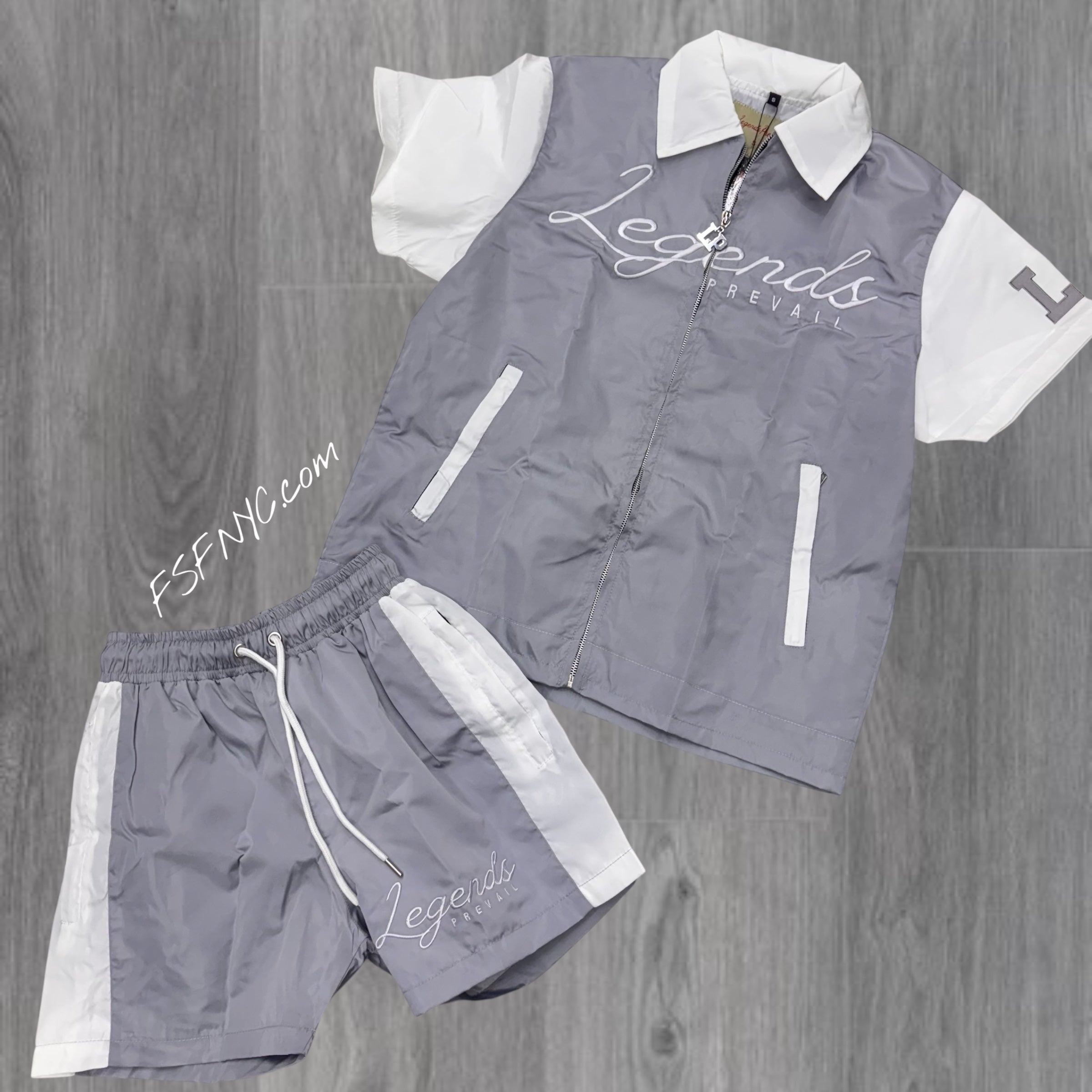 Prevail Nylon Zip Up Short Set Grey/White