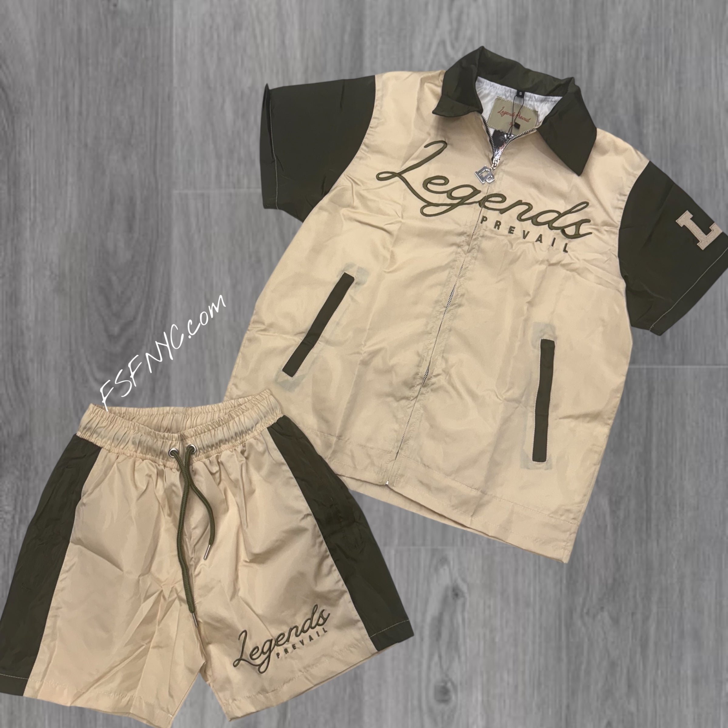 Prevail Nylon Zip Up Short Set Cream/Olive
