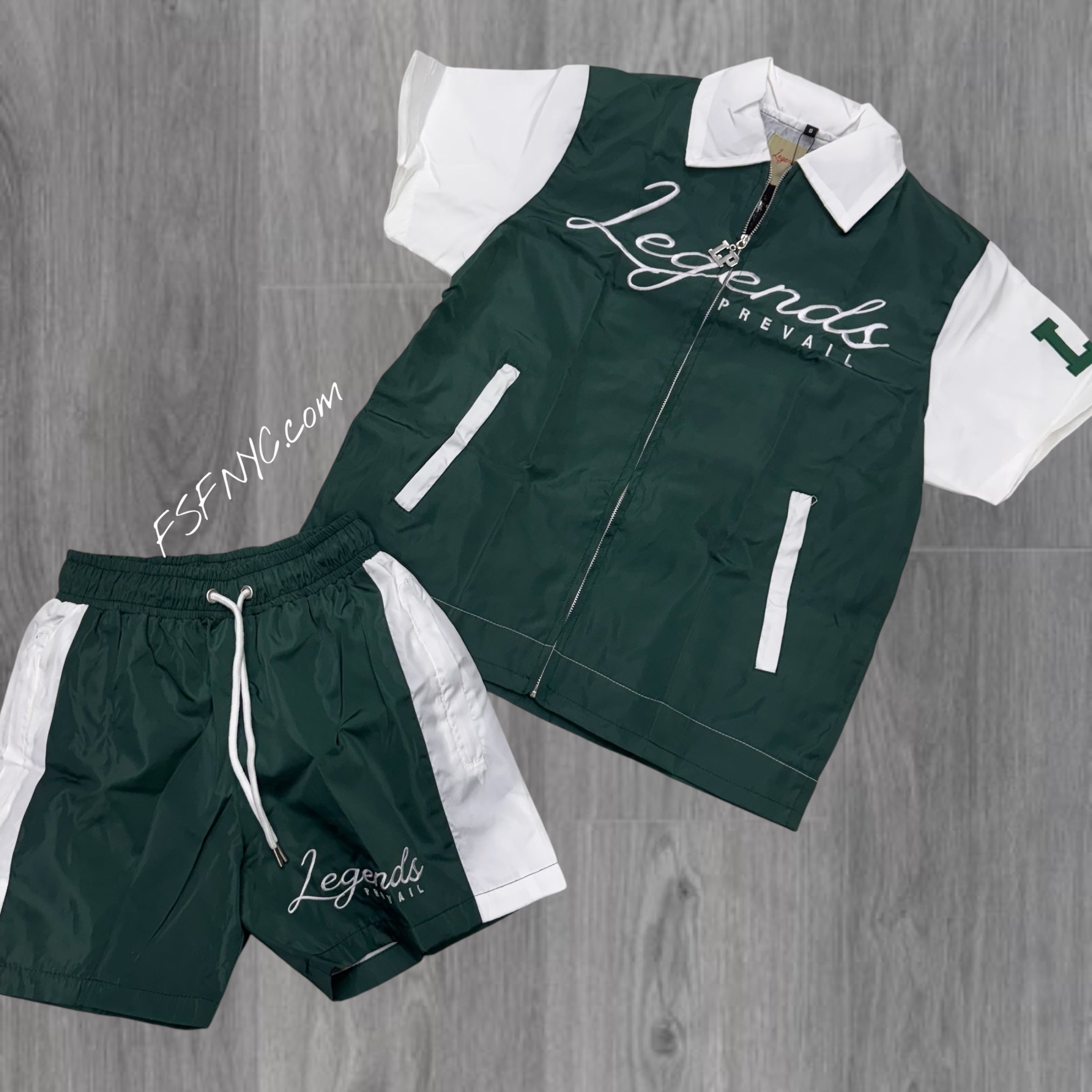 Prevail Nylon Zip Up Short Set Green/White