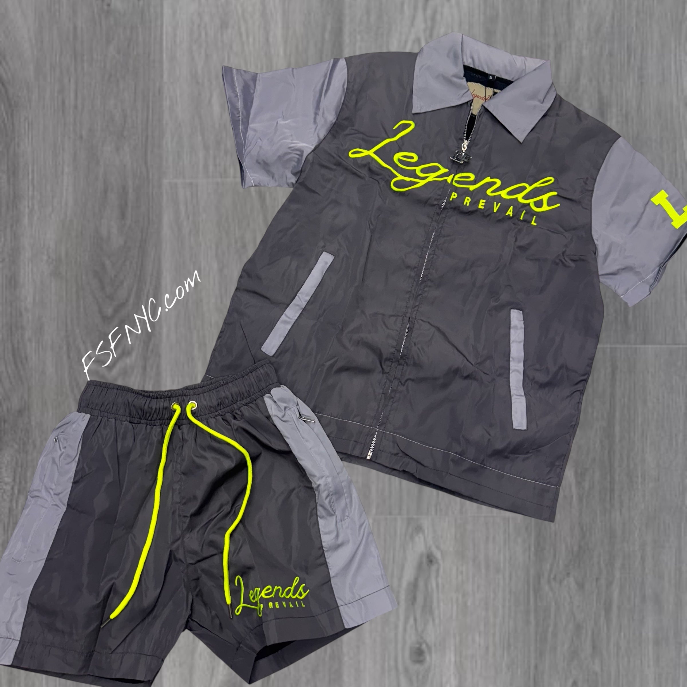 Prevail Nylon Zip Up Short Set Charcoal/Lime Green