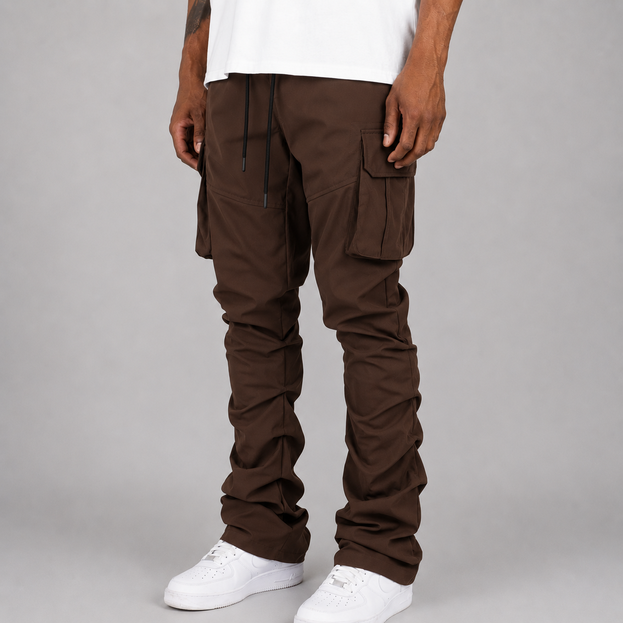 R - Stacked Flare Nylon Cargo -  Brown - 422