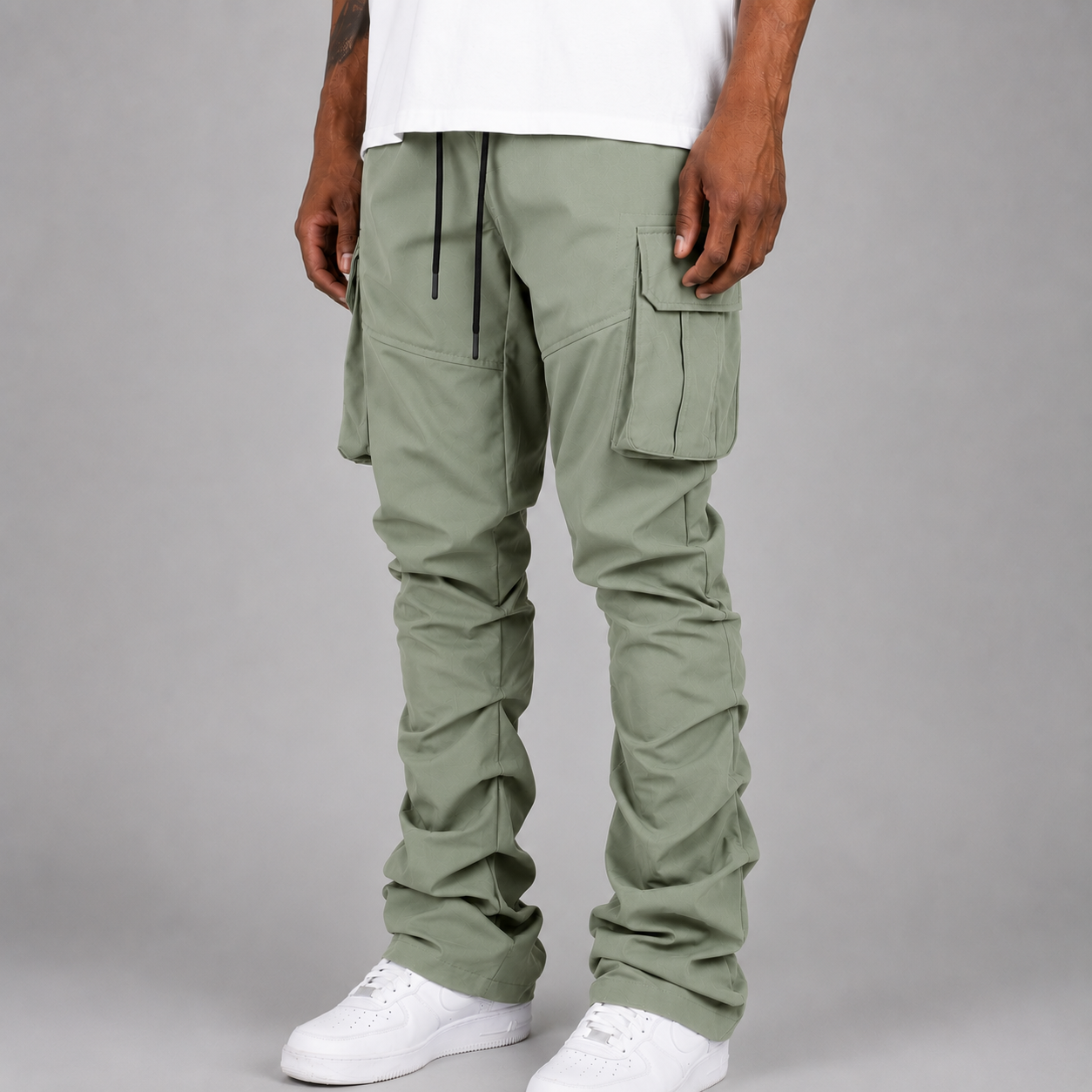 R - Stacked Flare Nylon Cargo -  Sage Green - 422