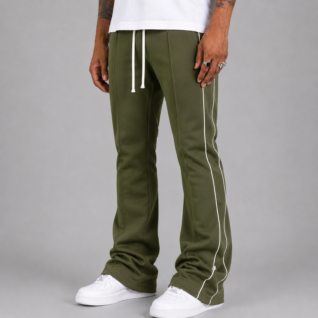 Rebel - Track Stacked Flare Pants - Olive - 470 570