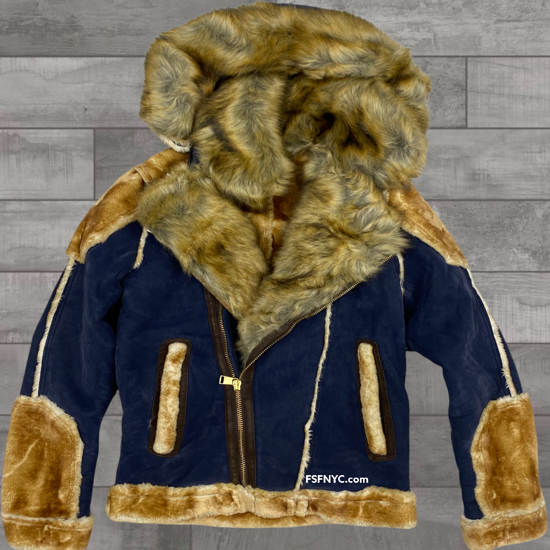 Jordan Craig Biker Shearling Coat w fur Navy 91536