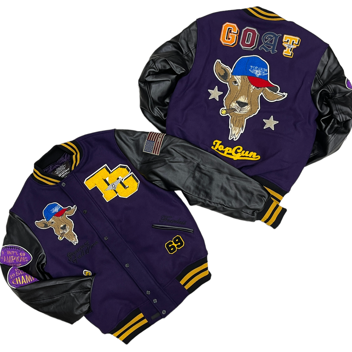 Jacket goat Top Wool gun Purple w leather sleeve Varsity